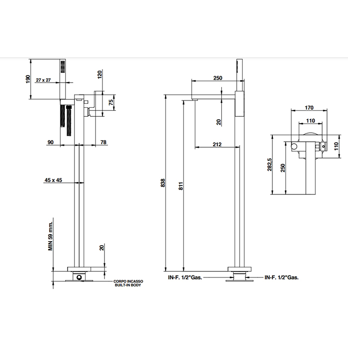 Bongio Line Смеситель для ванны с душем напольный, излив 21,2 см, цвет: хром 67534CR0DPREU