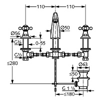 Kludi 1926 Смеситель для раковины на 3 отверстия, с д/к, длина излива 14,5 см, цвет: золото 510434520