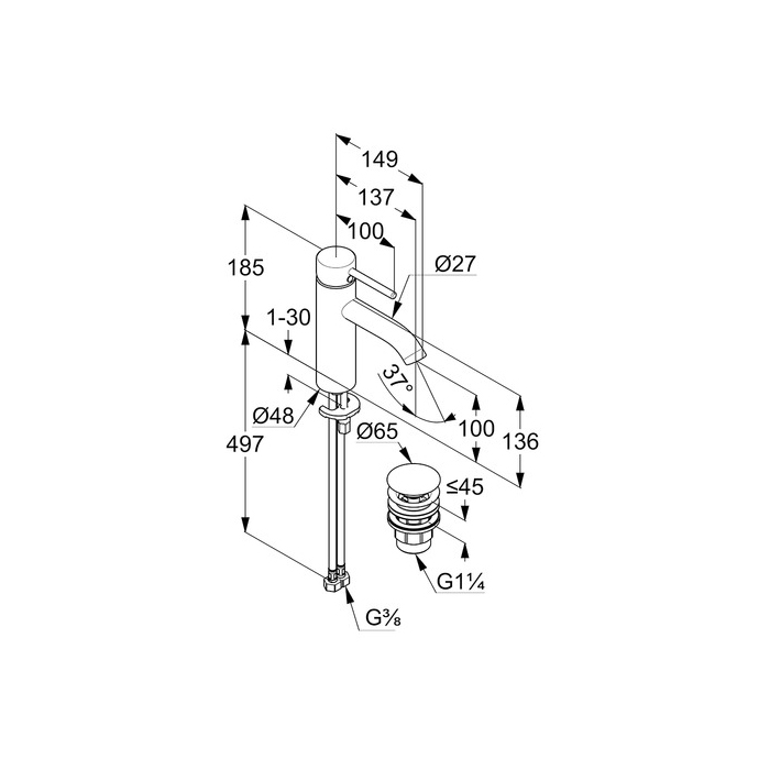 Kludi Bozz Смеситель для раковины, c д/к, длина излива 13,7 см, цвет: черный матовый 382883976