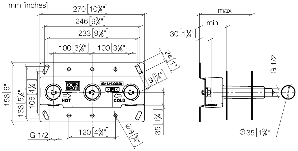 Dornbracht Встраиваемая часть смесителя на 3 отверстия, излив посередине 3570097090