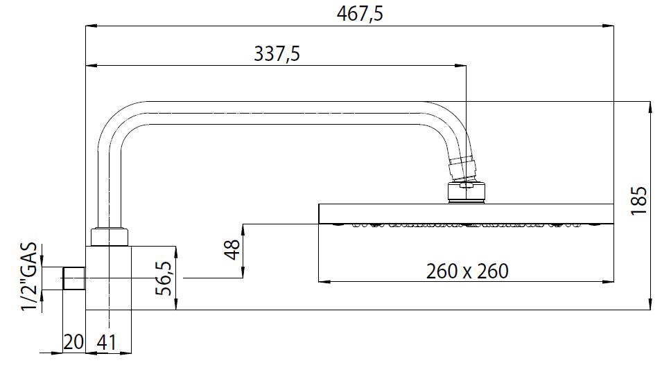 Bossini Cube Верхний душ 26x26 см, 1 вид струи, кронштейн настенный 33,7 см, цвет: chrome H55715.030