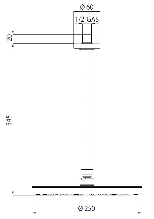 Bossini Oki Верхний душ d25 см, 1 вид струи, кронштейн потолочный 34,5 см, цвет: chrome H31410G.030