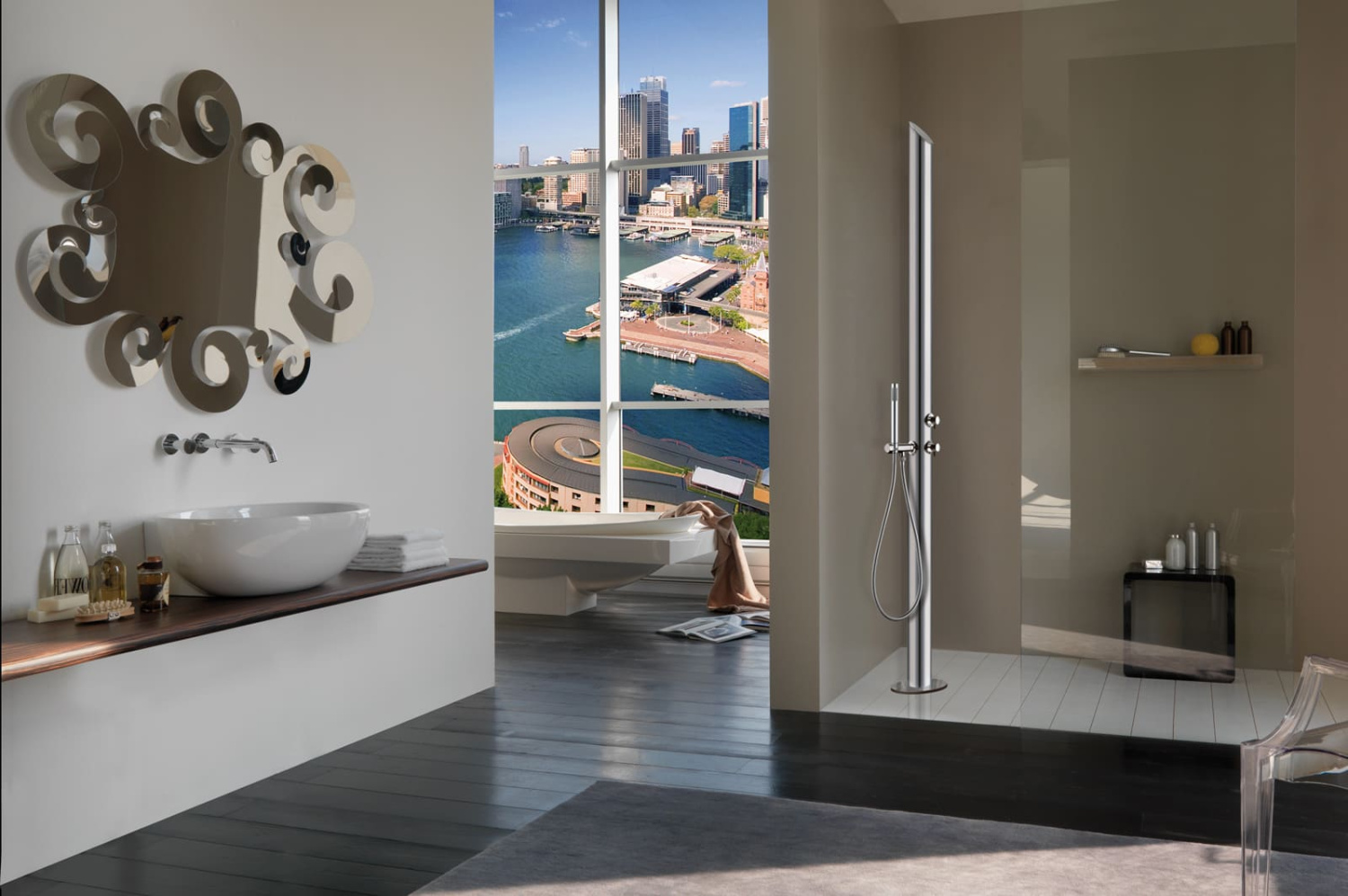 Bossini Arch Душевая колонна напольная, с ручным и верхним душем, 1 вид струи, цвет: chrome L00865.030