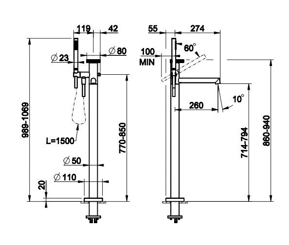 Gessi Anello Смеситель для ванны напольный, с ручн. душем, внеш. часть, цвет: copper brushed PVD 63328#708