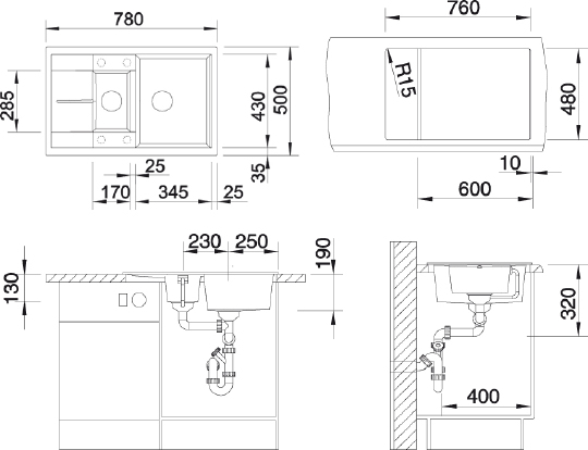 Blanco Metra Кухонная мойка, встр. сверху 78x50x19h, цвет: черный 513473
