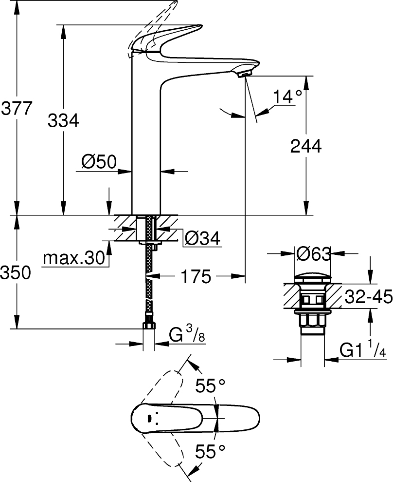 Grohe Wave Смеситель для раковины высокий, с д/к, высота излива 24,4 см, цвет: хром 23585001