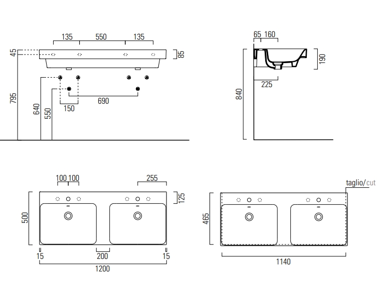 GSI Nubes Раковина двойная подвесная 120x50 см, 1 отверстие, с переливом, цвет: белый глянцевый 9625111