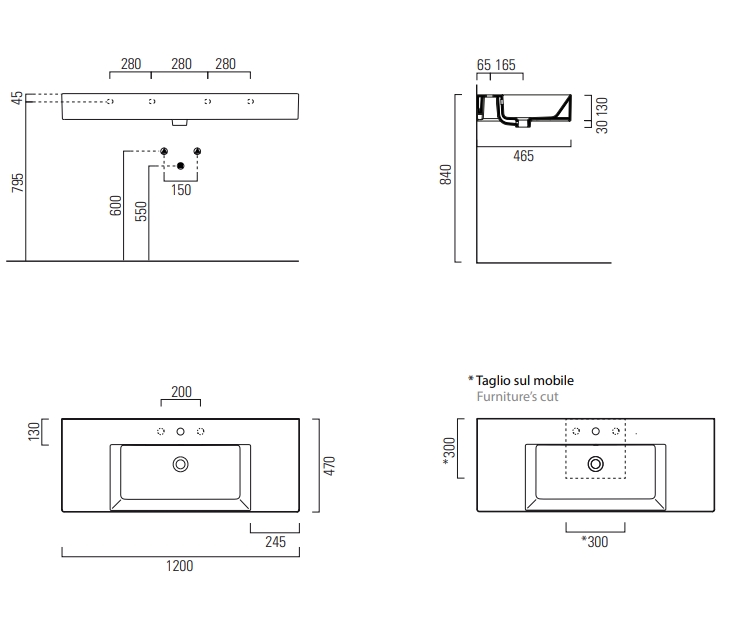 GSI Kube X Раковина подвесная/накладная 120x47 см, 1 отверстие, с переливом, цвет: белый глянцевый 9452111