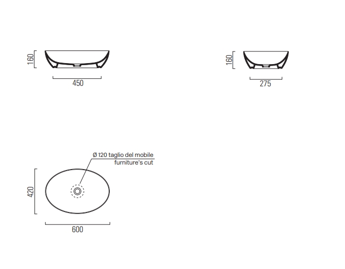 GSI Pura Раковина чаша 60x42x16h см, без перелива, без д/к, цвет: cenere opaco 884217
