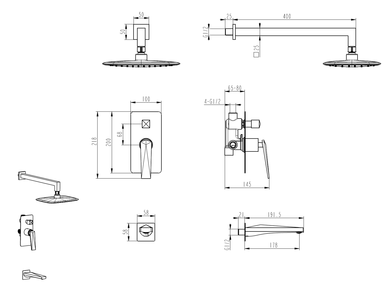 Boheme Venturo Душевой комплект встраиваемый - смеситель, верхний, ручной душ, шланг, цвет: gold 384-2