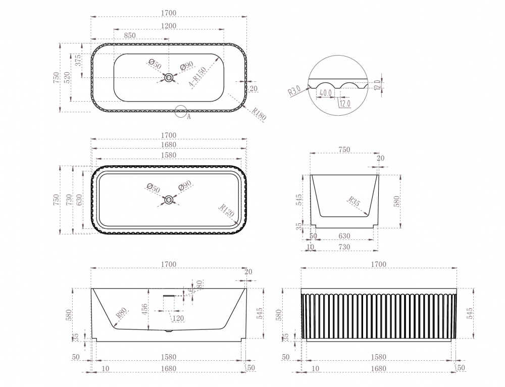 Abber Ванна акриловая отдельностоящая 170x75x58h см, цвет: белый AB9411-1.7
