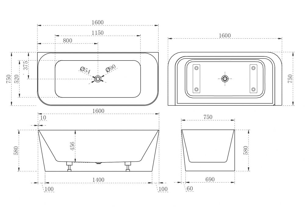 Abber Ванна акриловая пристенная 160x75x58h см, цвет: белый AB9223-1.6