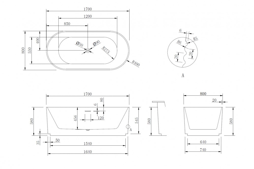 Abber Ванна акриловая отдельностоящая 170x80x58h см, цвет: белый AB9436-1.7