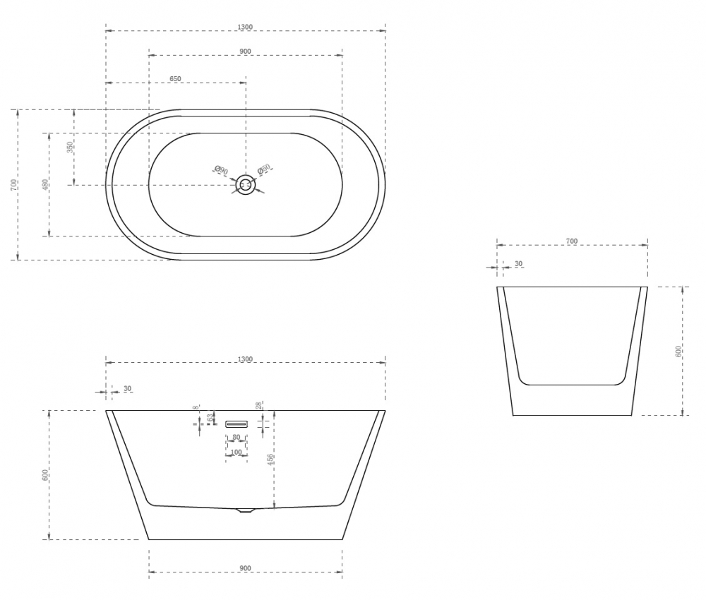 Abber Ванна акриловая отдельностоящая 130x70x60h см, цвет: белый AB9203-1.3