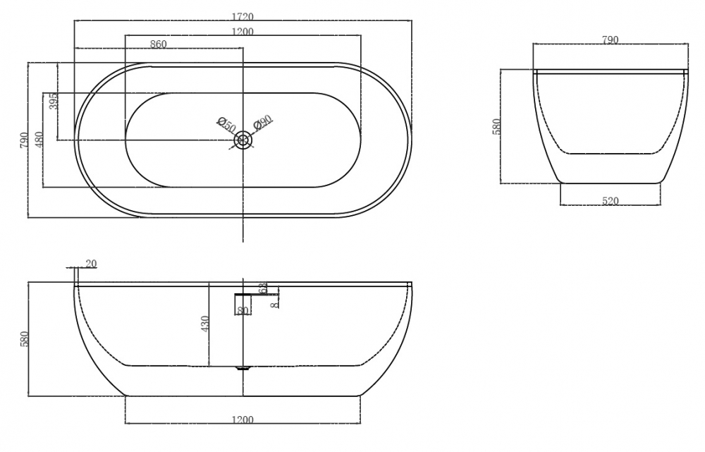 Abber Ванна акриловая отдельностоящая 172x79x58h см, цвет: черный AB9241MB