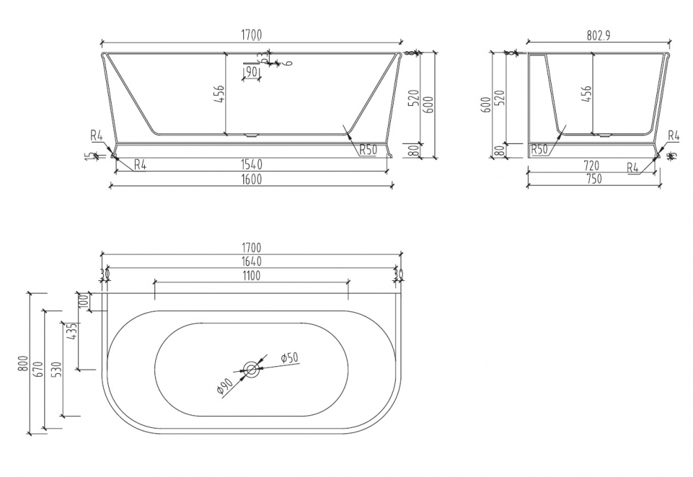 Abber Ванна акриловая пристенная 170x80x60h см, цвет: белый AB9276