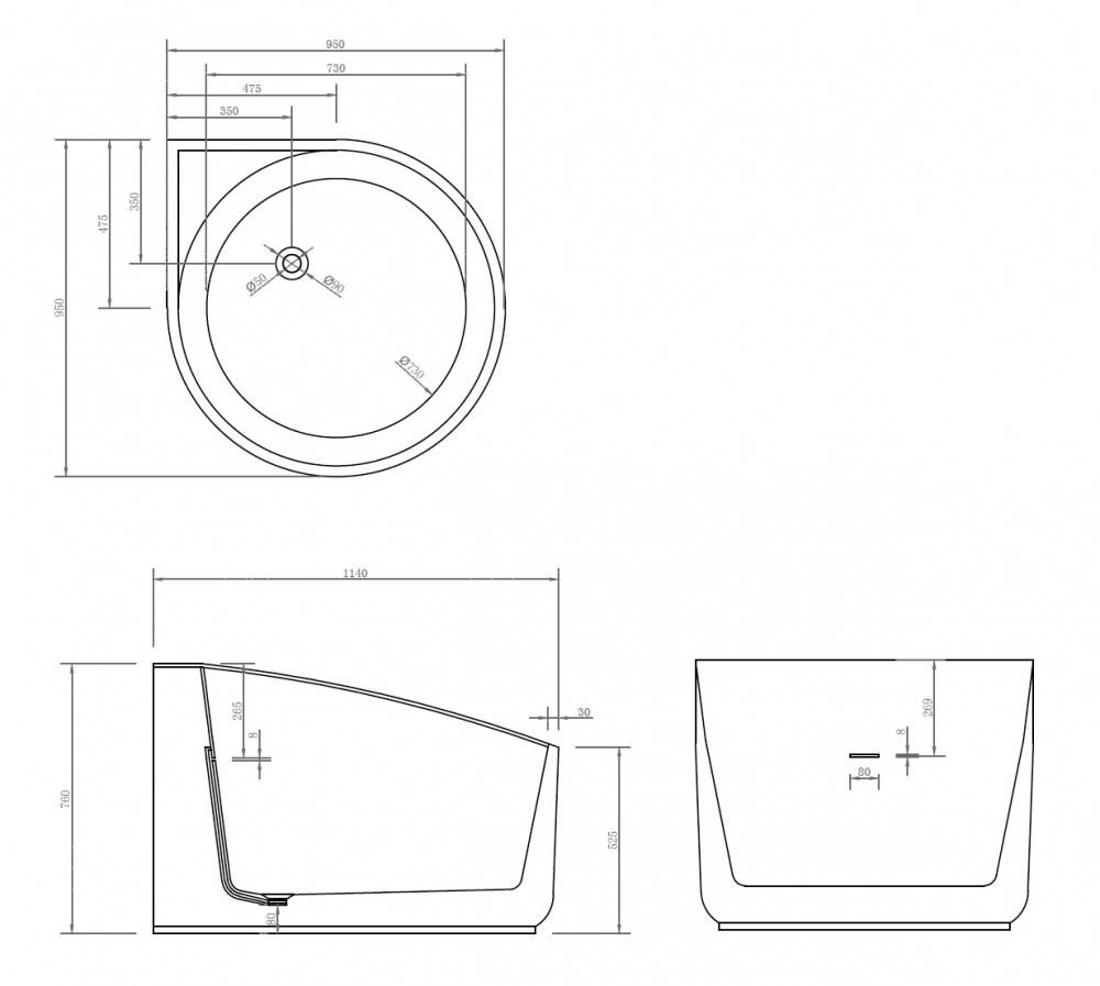Abber Ванна акриловая пристенная угловая 95x95x76h см, цвет: белый AB9305