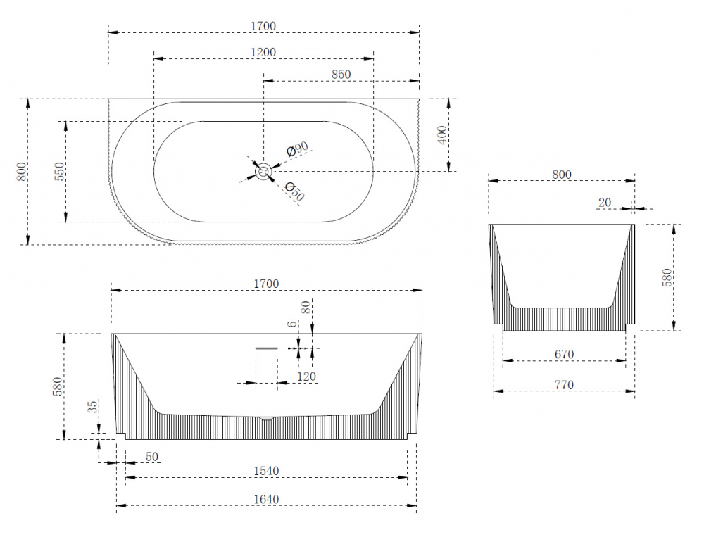 Abber Ванна акриловая пристенная 170x80x58h см, цвет: белый AB9330-1.7