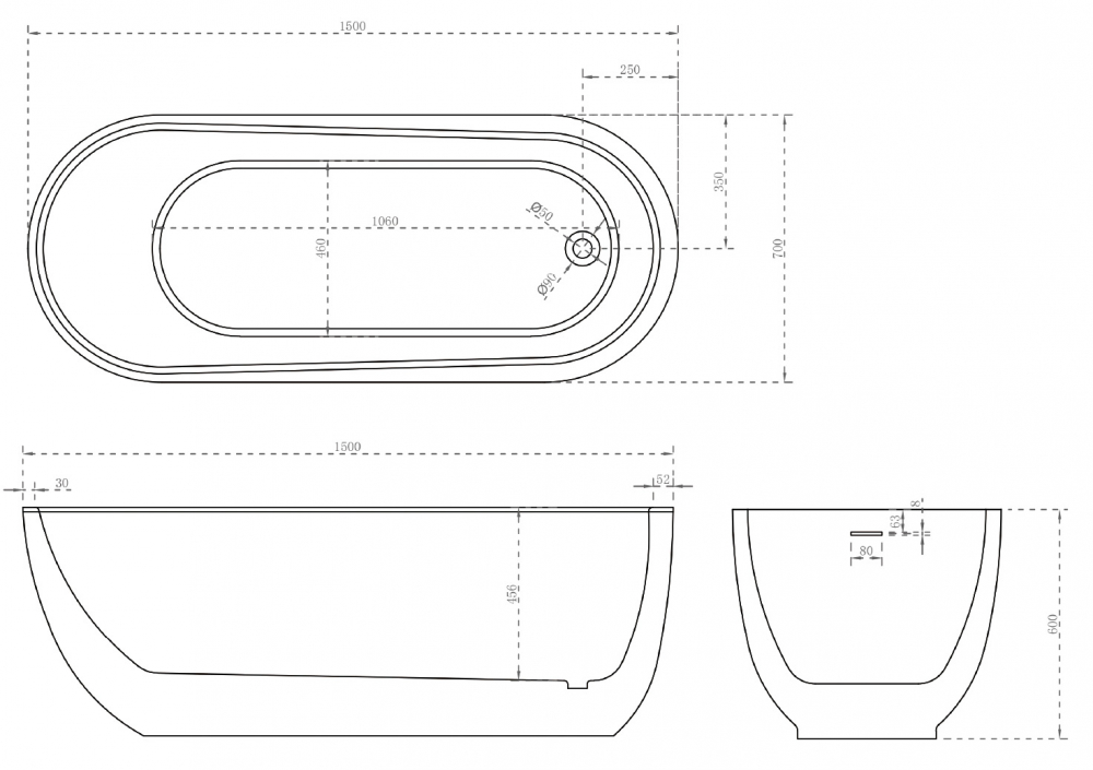 Abber Ванна акриловая отдельностоящая 150x70x60h см, цвет: белый AB9341-1.5