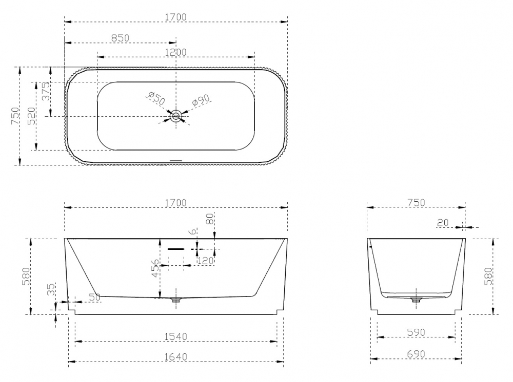 Abber Ванна акриловая отдельностоящая 170x75x58h см, цвет: белый AB9363-1.7