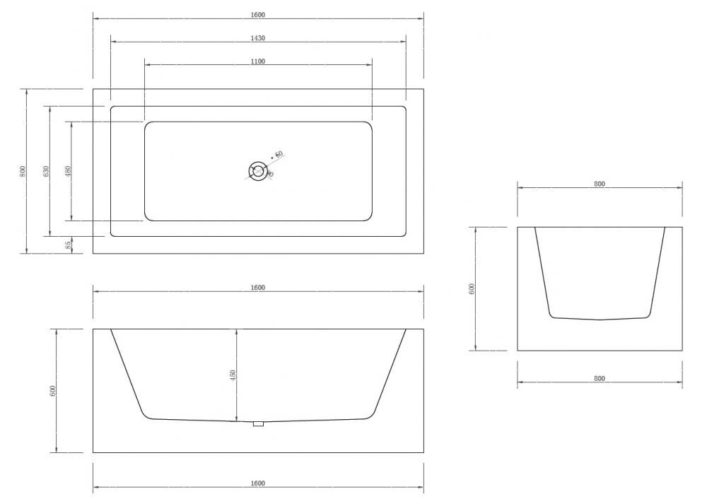 Abber Ванна акриловая отдельностоящая 160x80x60h см, цвет: белый AB9406-1.6