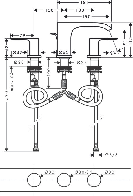 Hansgrohe Vivenis Смеситель для раковины на 3 отверстия двухвентильный, цвет: матовый черный 75033670