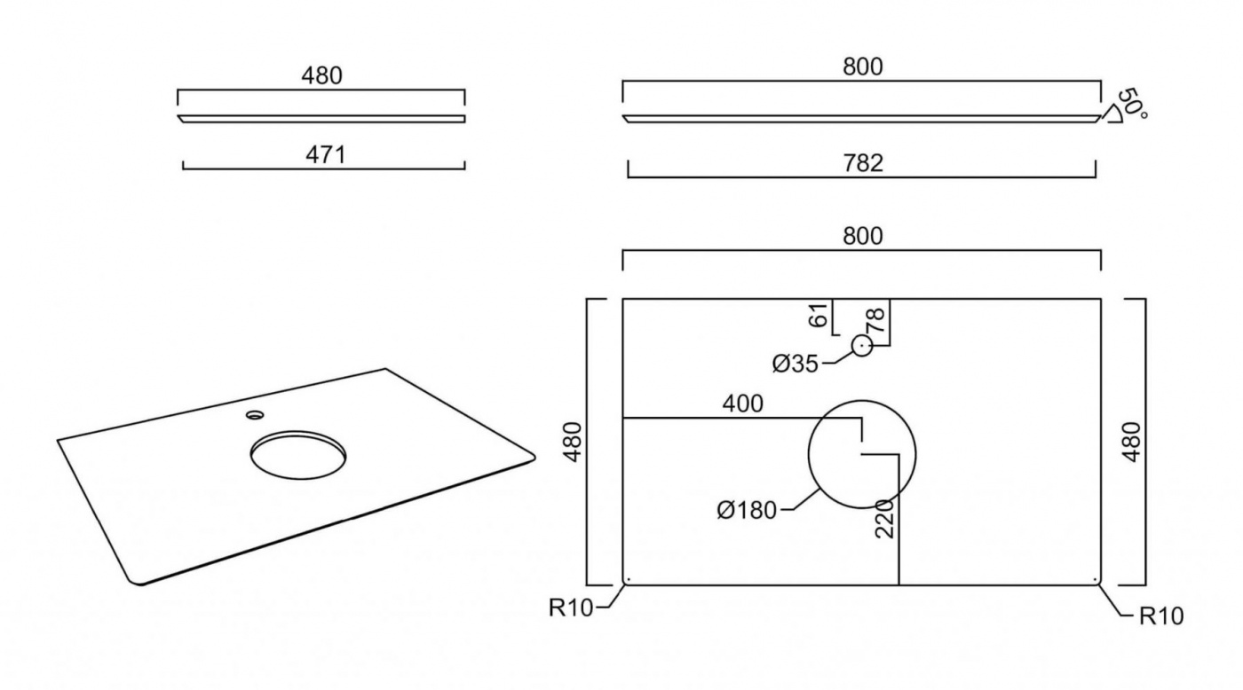 Kerama Marazzi Plaza Столешница для накладных раковин 80x48x1,1h см, цвет: другие цвета PL1.VT95.80