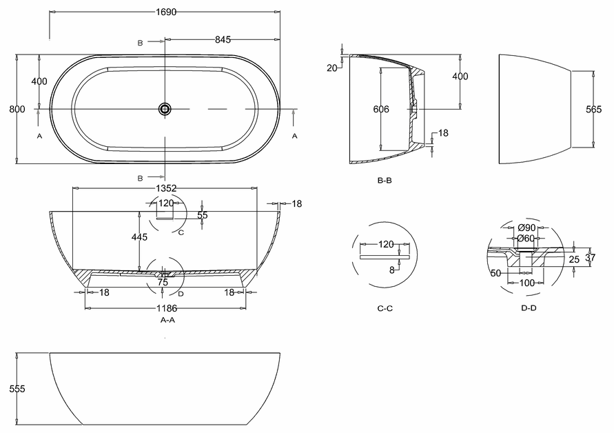 Burlington Formoso Ванна отдельностоящая 169х80 см, композит, перелив по центру, цвет: белый глянец N2A