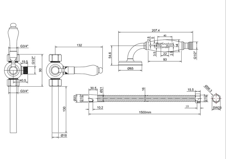 Burlington Ручной душ со шлангом и дивертером, цвет: хром глянцевый V27