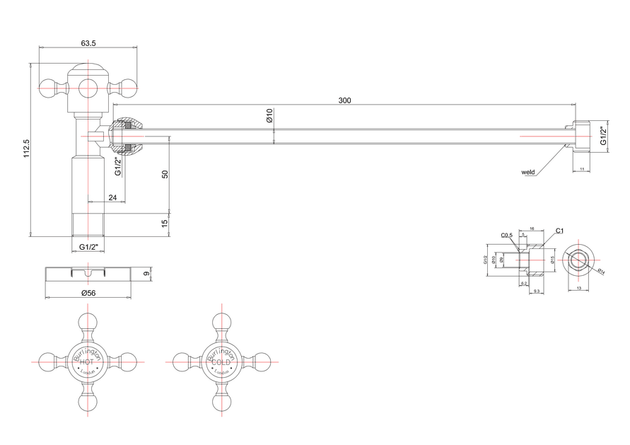 Burlington Вентиль подвода воды для раковины, цвет: хром/черный глянцевый W28 BLA