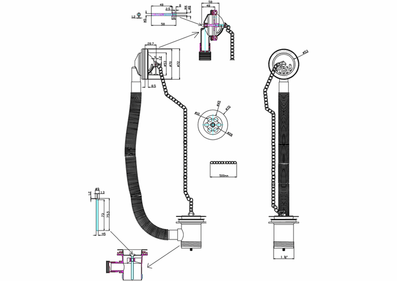 Burlington Слив-перелив для ванны с гибкой подводкой, цвет: хром глянцевый W3