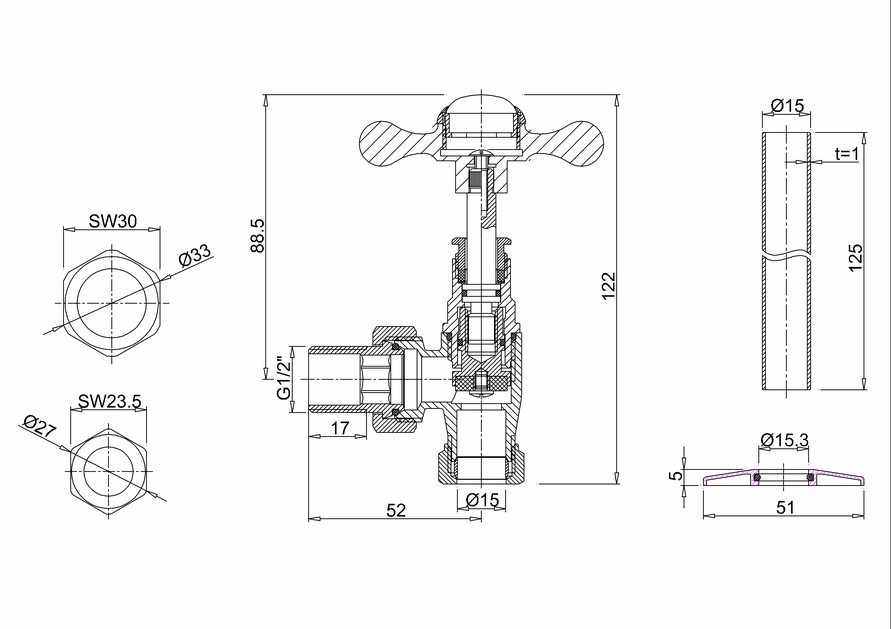Burlington Arcade Запорный вентиль для полотенцесушителя, цвет: хром глянцевый ARCR6 CHR