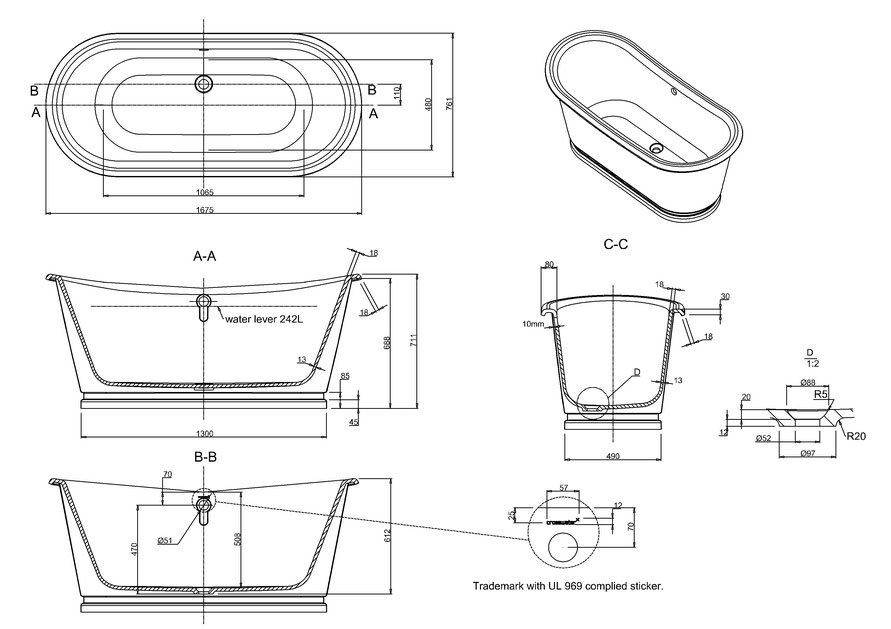 Burlington Balthazar Ванна отдельностоящая 167,5х78,1 см, перелив по центру, цвет: белый/хром глянец N25CS