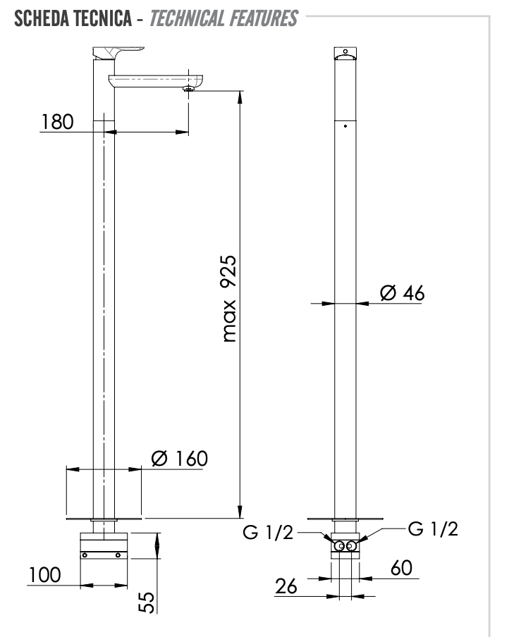 Remer Infinity Смеситель для раковины напольный, д/к, излив 18 см, цвет: cromo i18