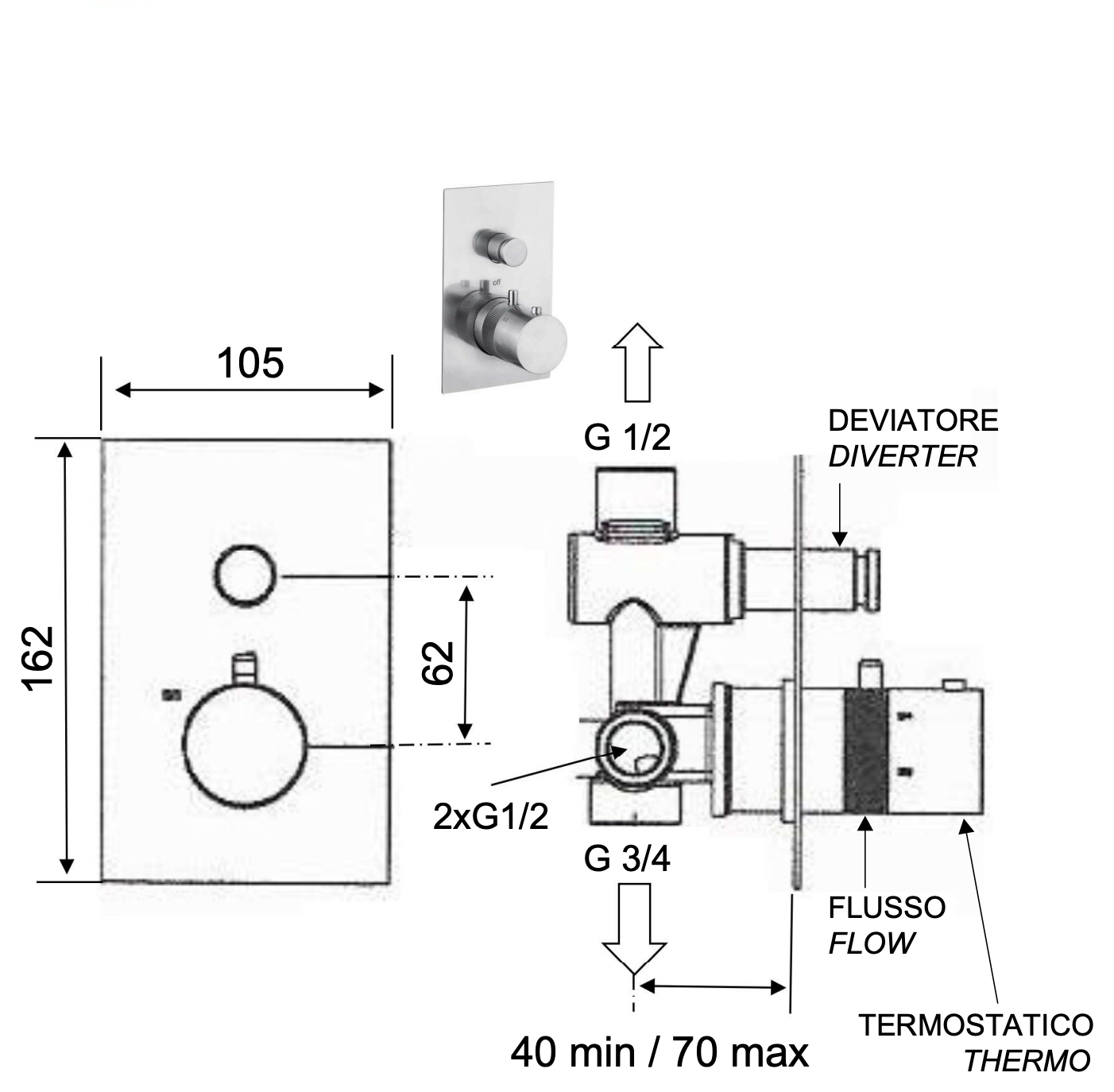Remer X Style Inox Термостат для ванны встраиваемый, 2 потребителя, цвет: inox spazzolato SSXT09Q