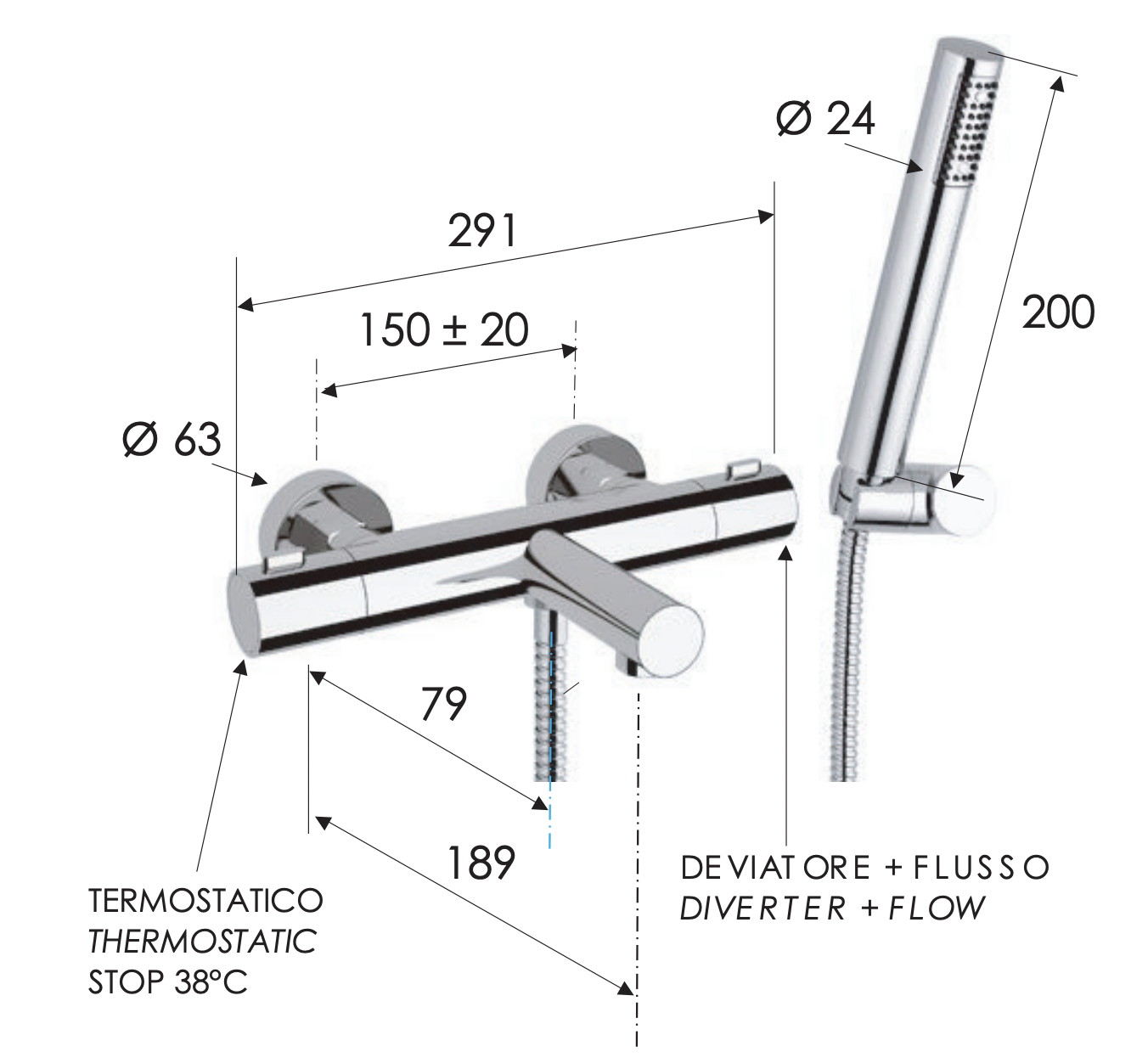 Remer Elegance Термостат для ванны с душем, лейка, держатель, шланг 150 см, цвет: cromo EQ02