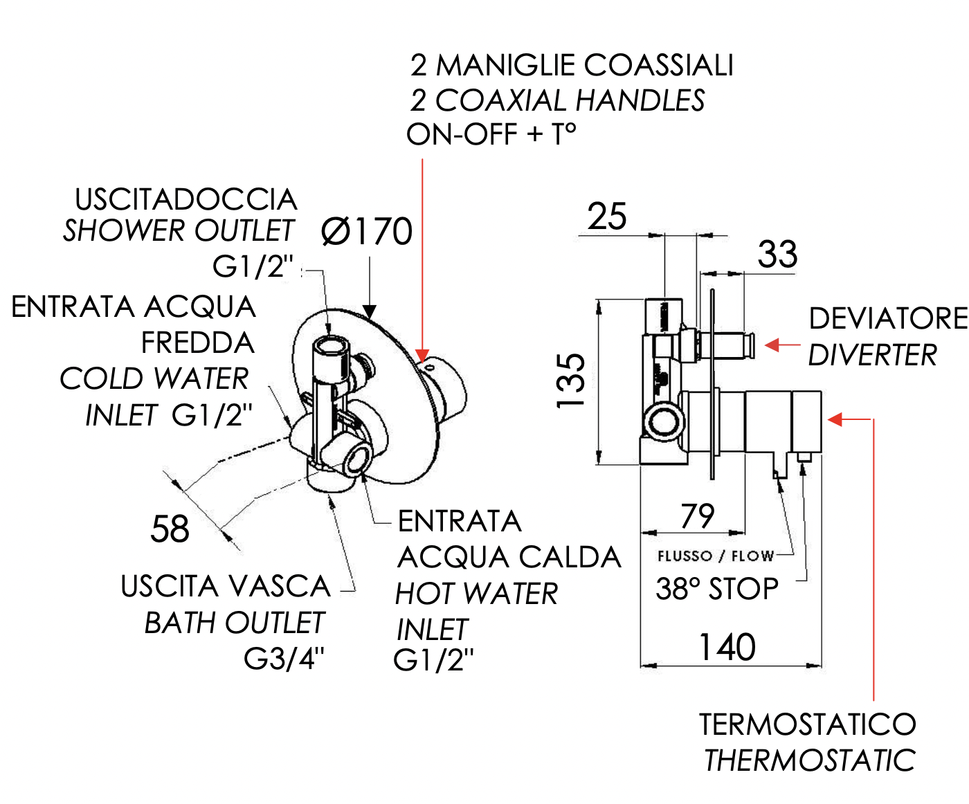 Remer Elegance Термостат для ванны встраиваемый, 2 потребителя, с скрытой частью, цвет: nero opaco NT09NO