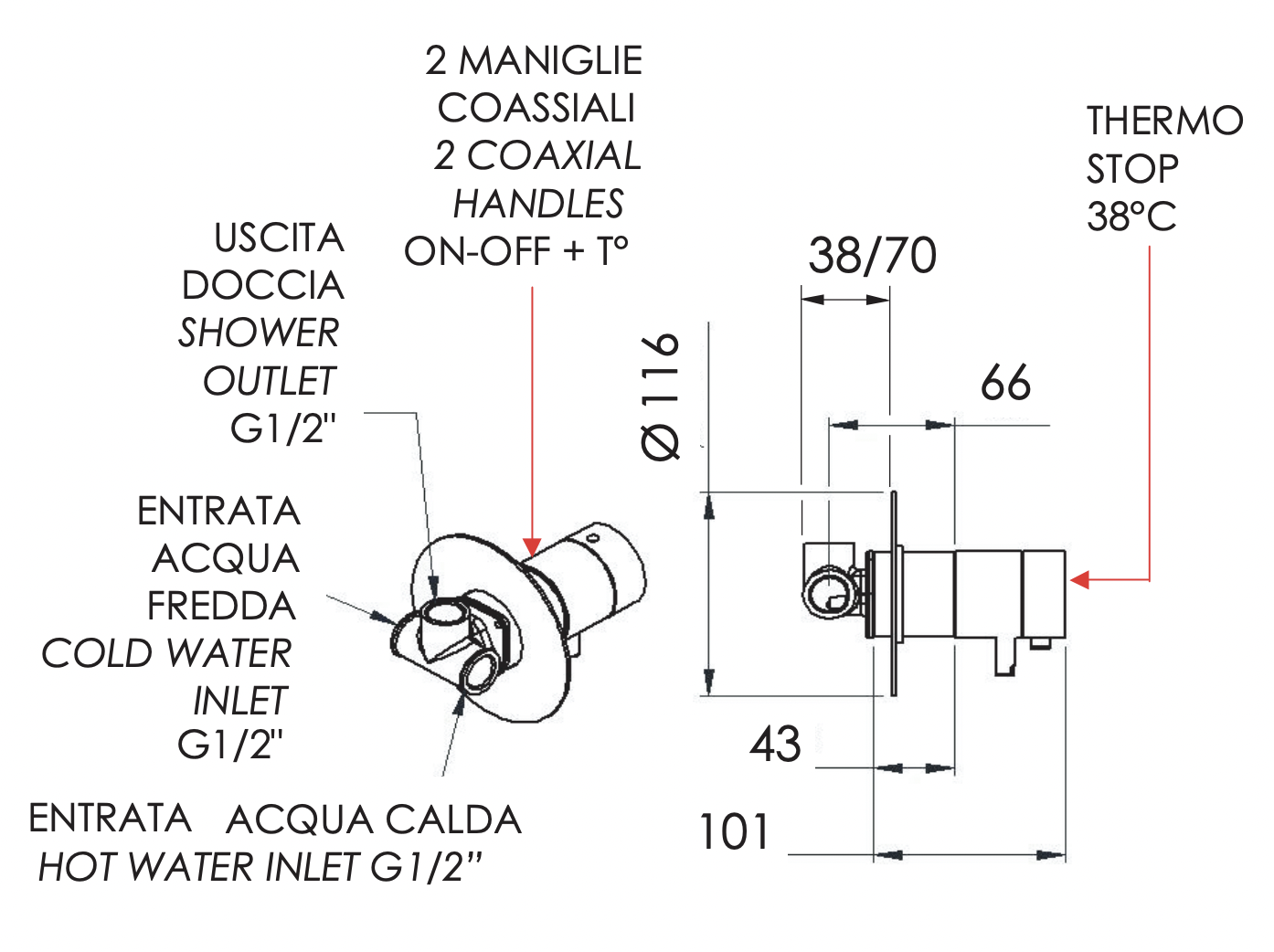 Remer Elegance Термостат для душа встраиваемый, 1 потребитель, с скрытой частью, цвет: bianco opaco NT30BO