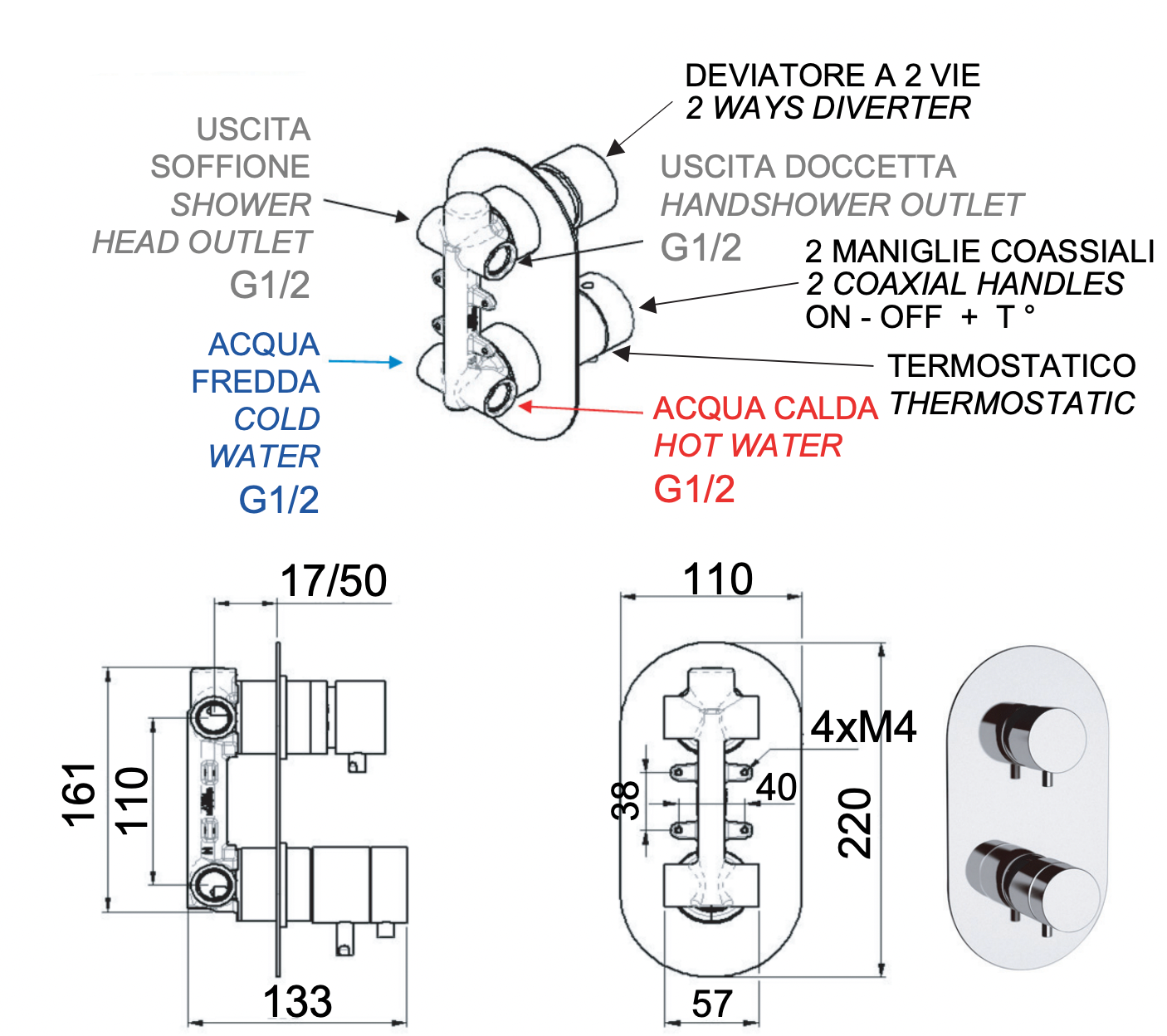 Remer Elegance Термостат для ванны встраиваемый, 2 потребителя, с скрытой частью, цвет: nero opaco NT92NO