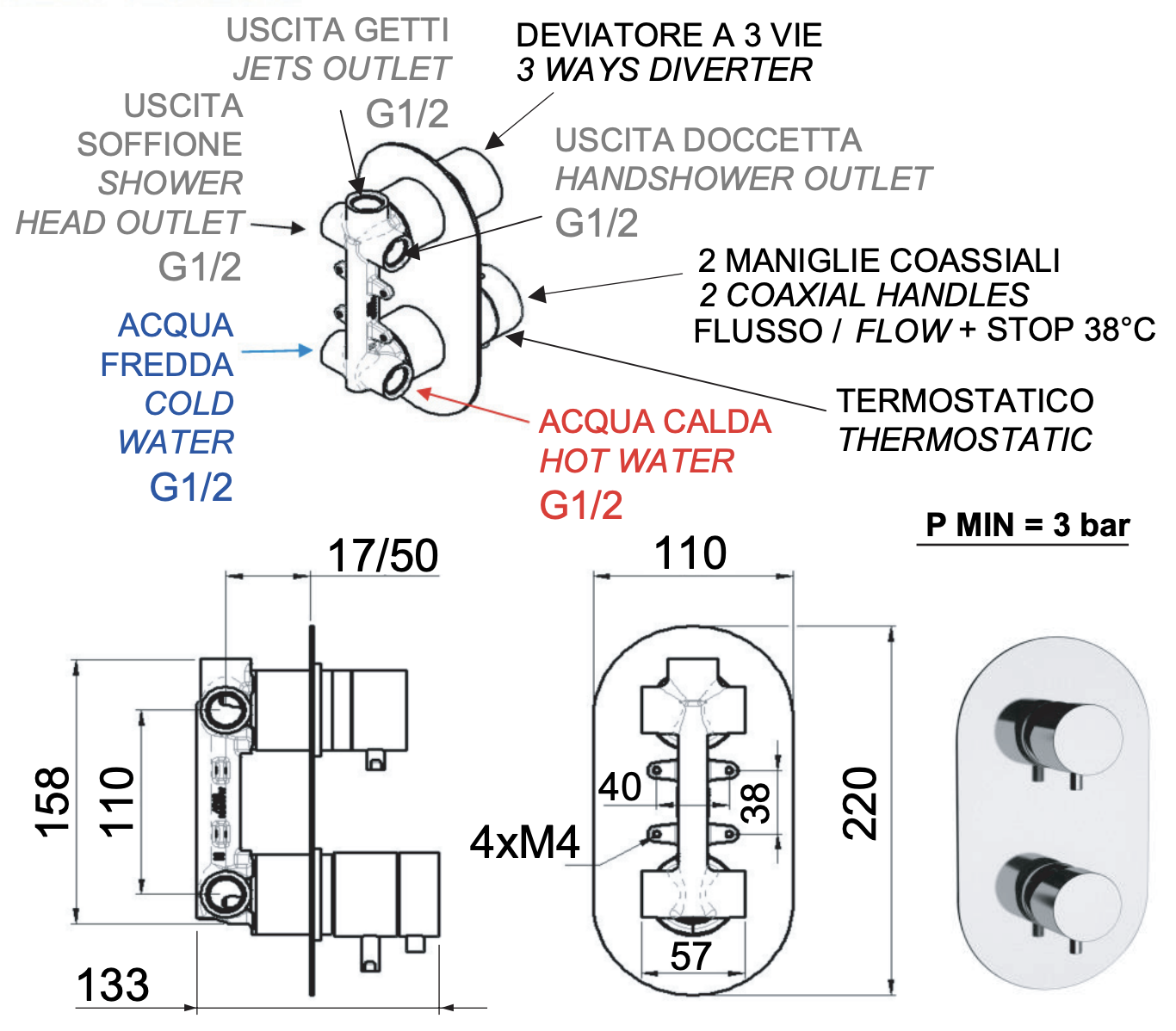Remer Elegance Термостат для ванны встраиваемый, 3 потребителя, цвет: cromo nero spazzolato NT93CFP