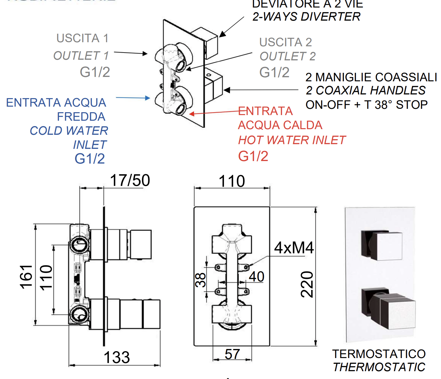 Remer Q-Elegance Термостат для ванны встраиваемый, 2 потребителя, с встраиваемой частью, цвет: cromo QT92