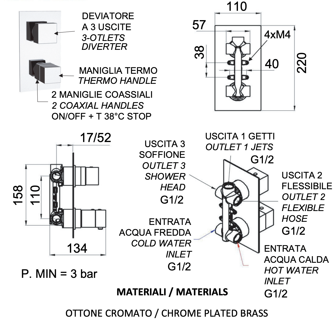 Remer Q-Elegance Термостат для ванны встраиваемый, 3 потребителя, с встраиваемой частью, цвет: cromo QT93