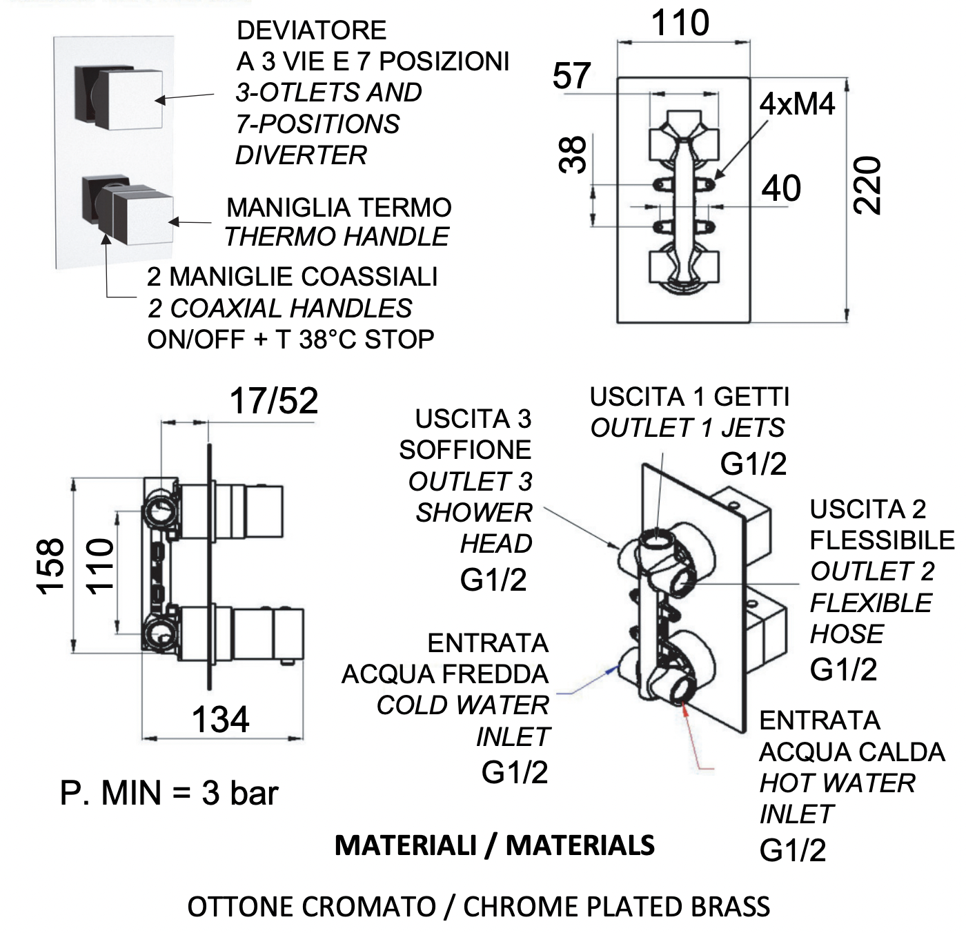 Remer Q-Elegance Термостат для ванны встраиваемый, 3 потребителя, с скрытой частью, цвет: cromo QT937