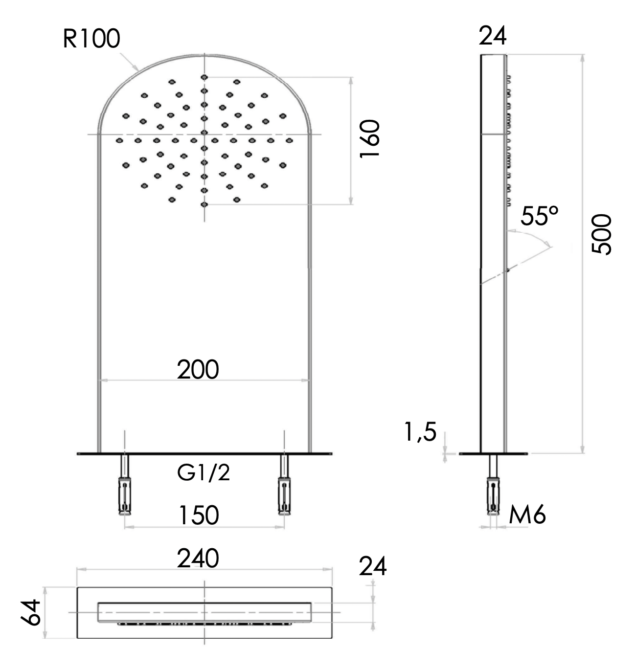 Remer Верхний душ настенный 20x50 см, 1 режим, цвет: cromo 350MMX