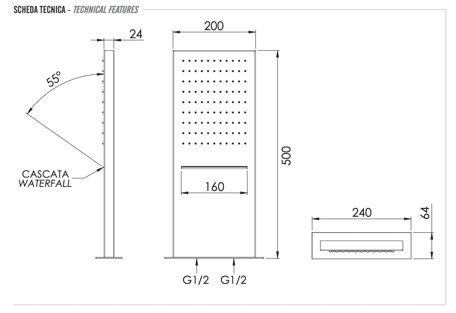 Remer Верхний душ настенный 20x50 см, 2 режима, цвет: cromo 350SSCAX