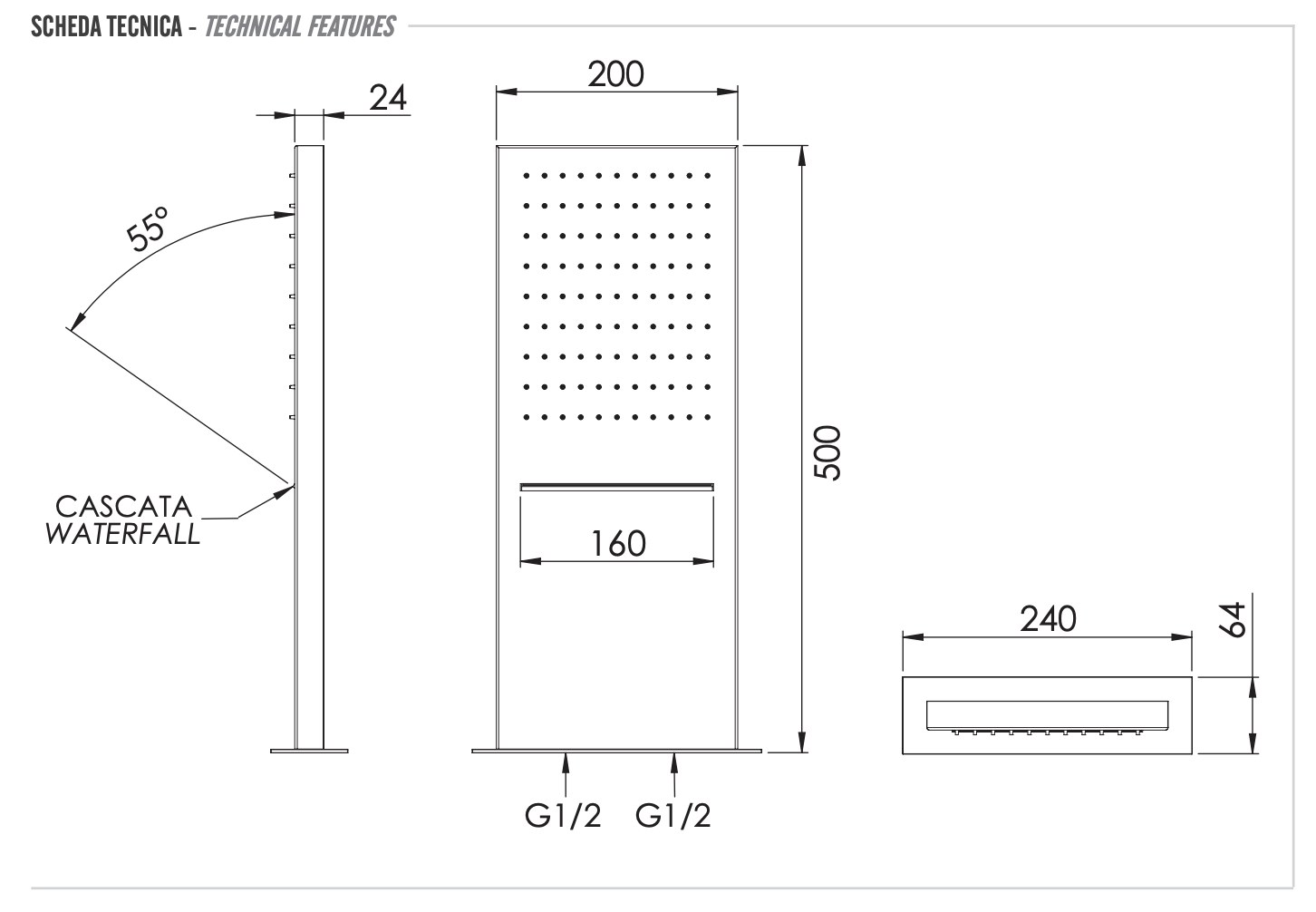 Remer X Style Inox Верхний душ настенный 20x50 см, 2 режима, цвет: inox spazzolato SS350SSCAX