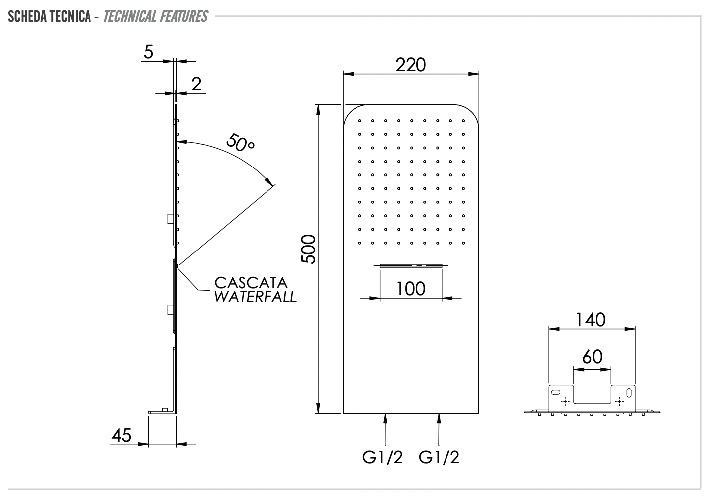 Remer Верхний душ настенный ультратонкий 22x50 см, 2 режима, цвет: cromo 350UFDCAx