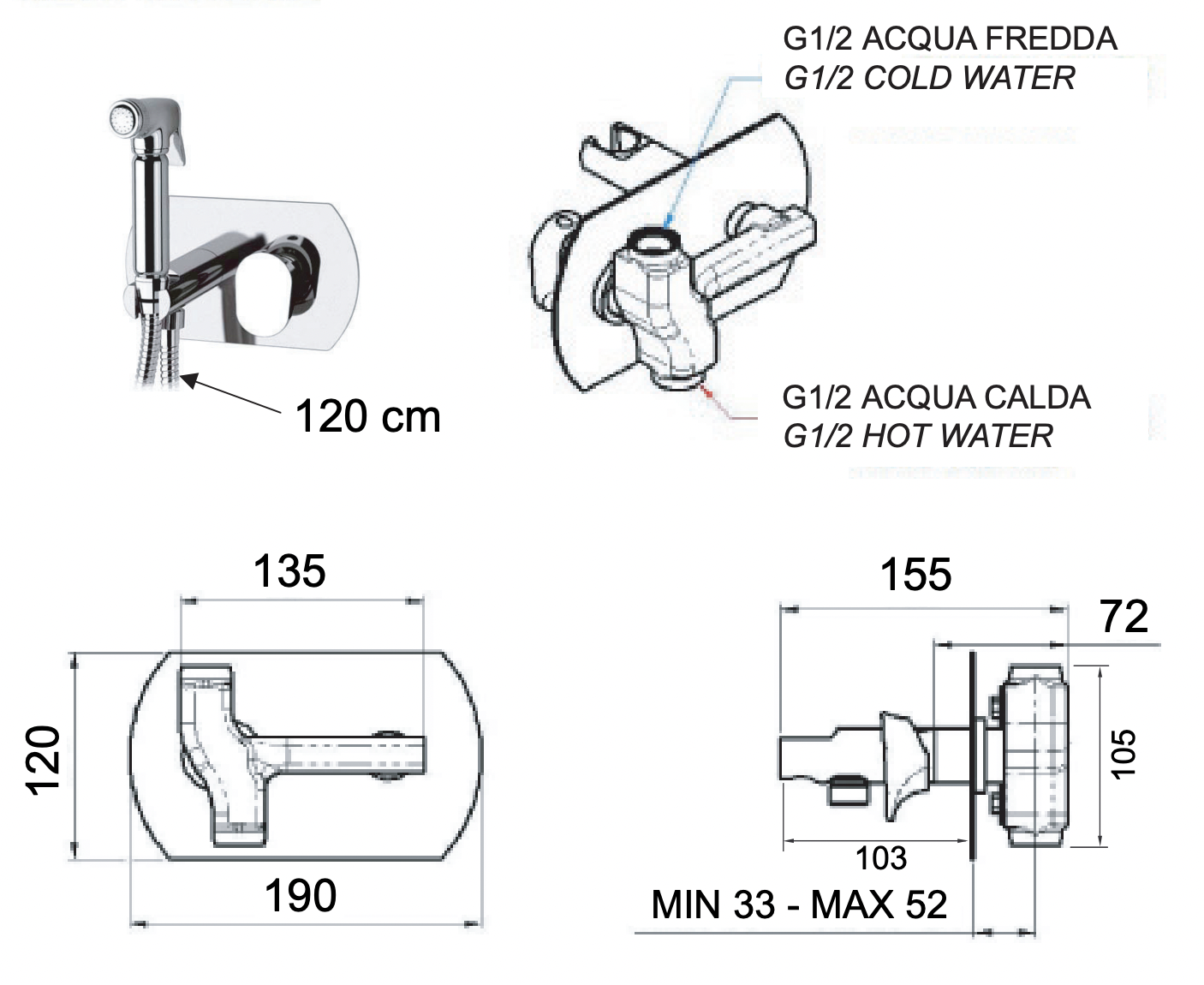 Remer Class Line Гигиенический душ со смесителем, шланг 120 см, с встраиваемой частью, цвет: cromo L60