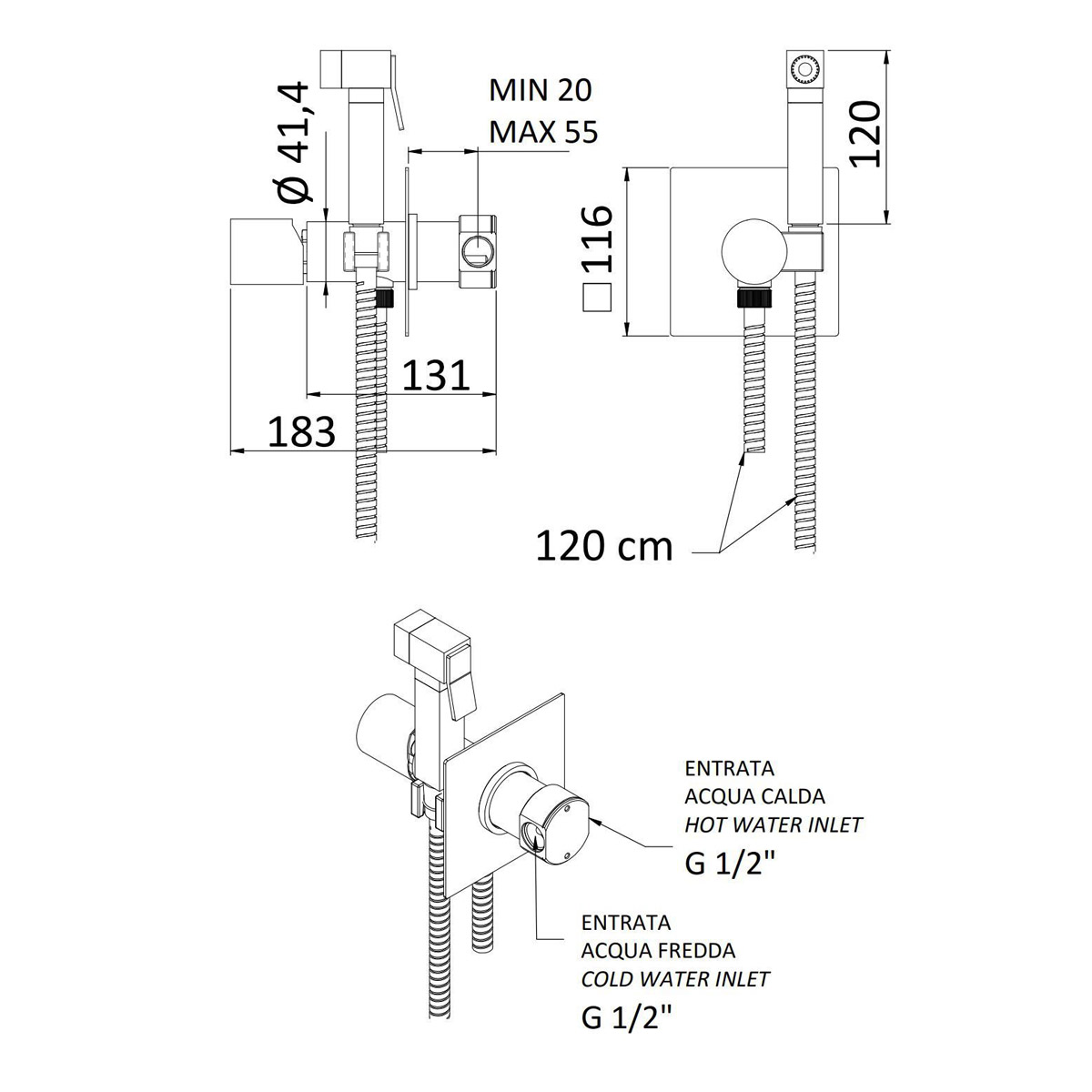 Remer Edge Гигиенический душ со смесителем, шланг 120 см, с встраиваемой частью, цвет: cromo EG565