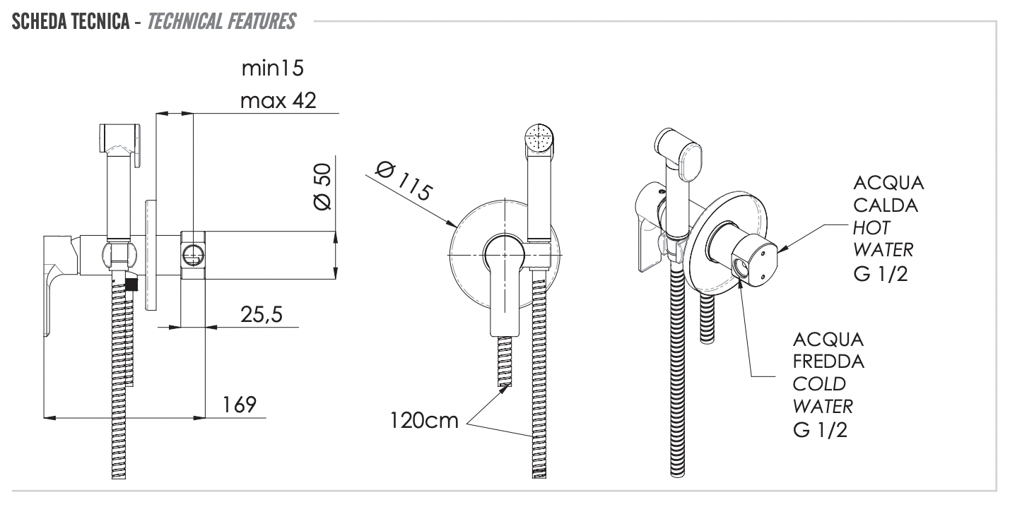 Remer Energy Гигиенический душ со смесителем, шланг 120 см, с встраиваемой частью, цвет: cromo EY65W